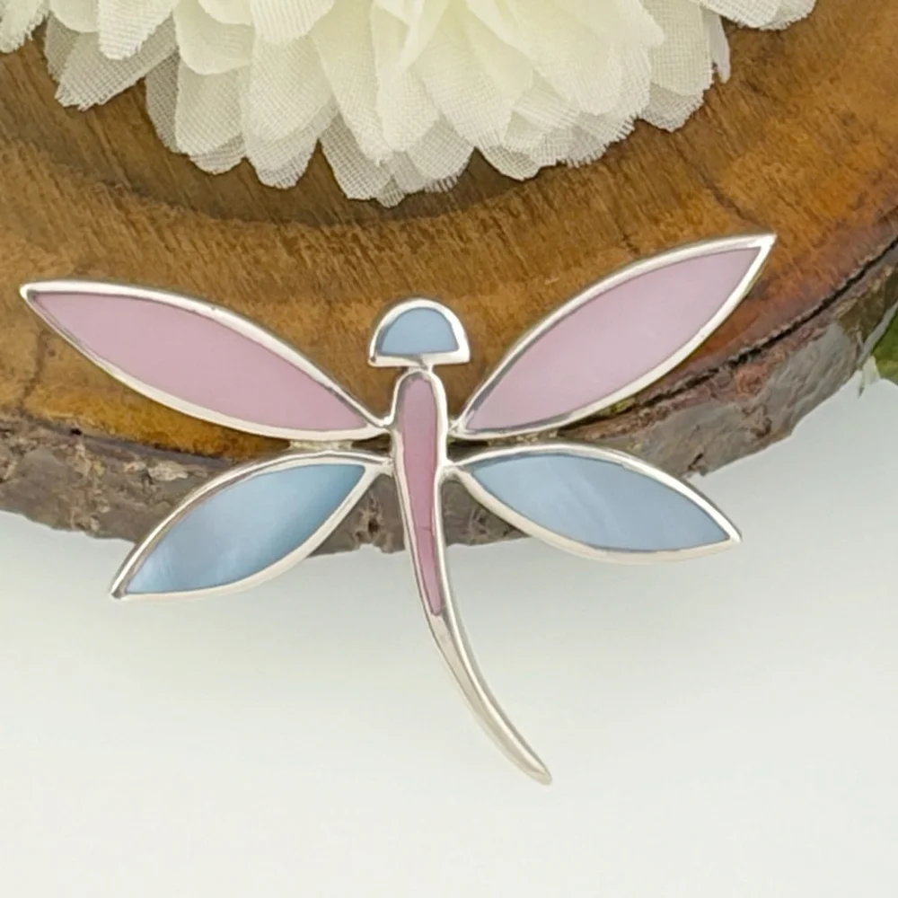 Vintage Dragonfly Butterfly Pendant Sterling Silver 925 Mother of Pearl Inlay